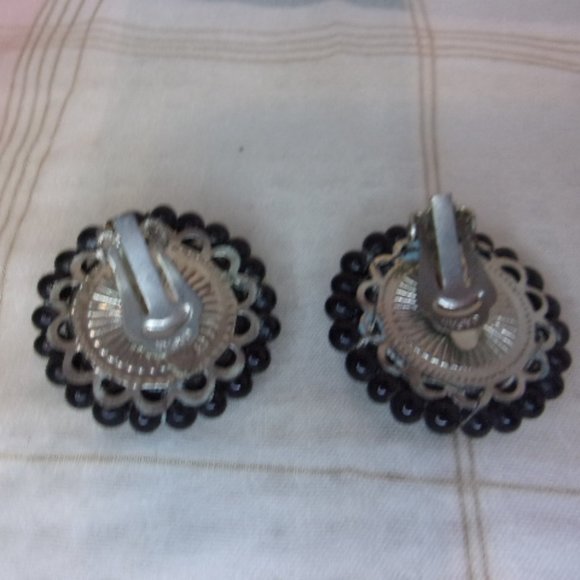 Black Enamel Beaded Button Clip Earrings Japan - Picture 5 of 7